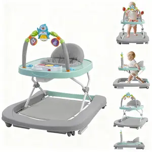 Foldable Baby Walker with Wheels, 3 Adjustable Heights, 4-in-1 Baby Walkers for Boys and Girls 6-12 Months with Removable Footrest, Feeding Tray & Music, Foldable & Adjustable Activity Walker for 6-18 Months Toddler Infant