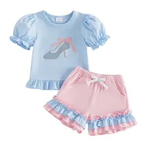 Toddler Baby Girl Two Piece Cinderella Outfit Princess Pumpkin Carriage Glass Slipper Puff Short Sleeve T Shirt Tops Ruffle Shorts