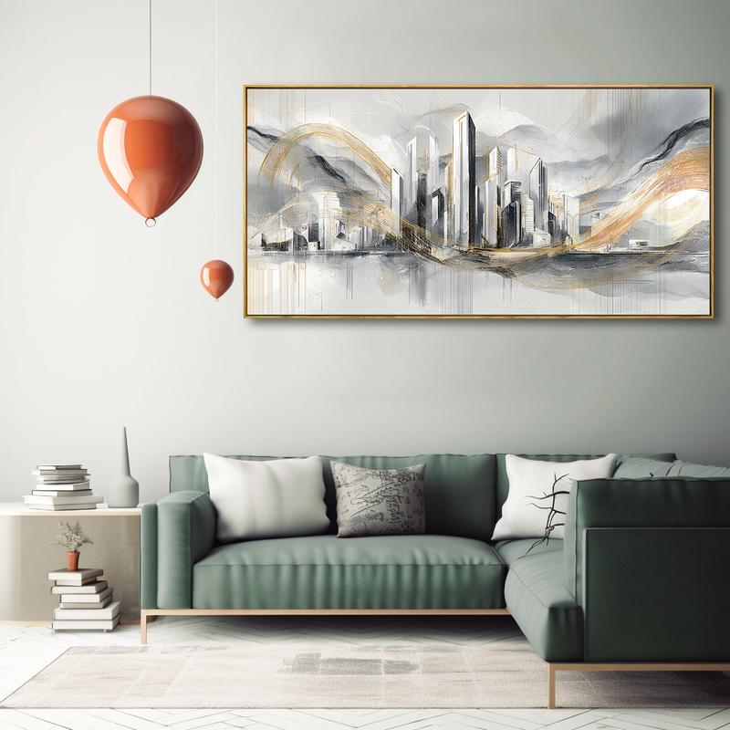 Modern Luxury Upgrade - 20x40 Inch Gold - Accent Wall Art - Solid Wood Frame, Abstract Cityscape with Metallic Gold Swirls Elevates Contemporary Interiors, Perfect for 20x40 Homes Seeking Sophisticated Glamour