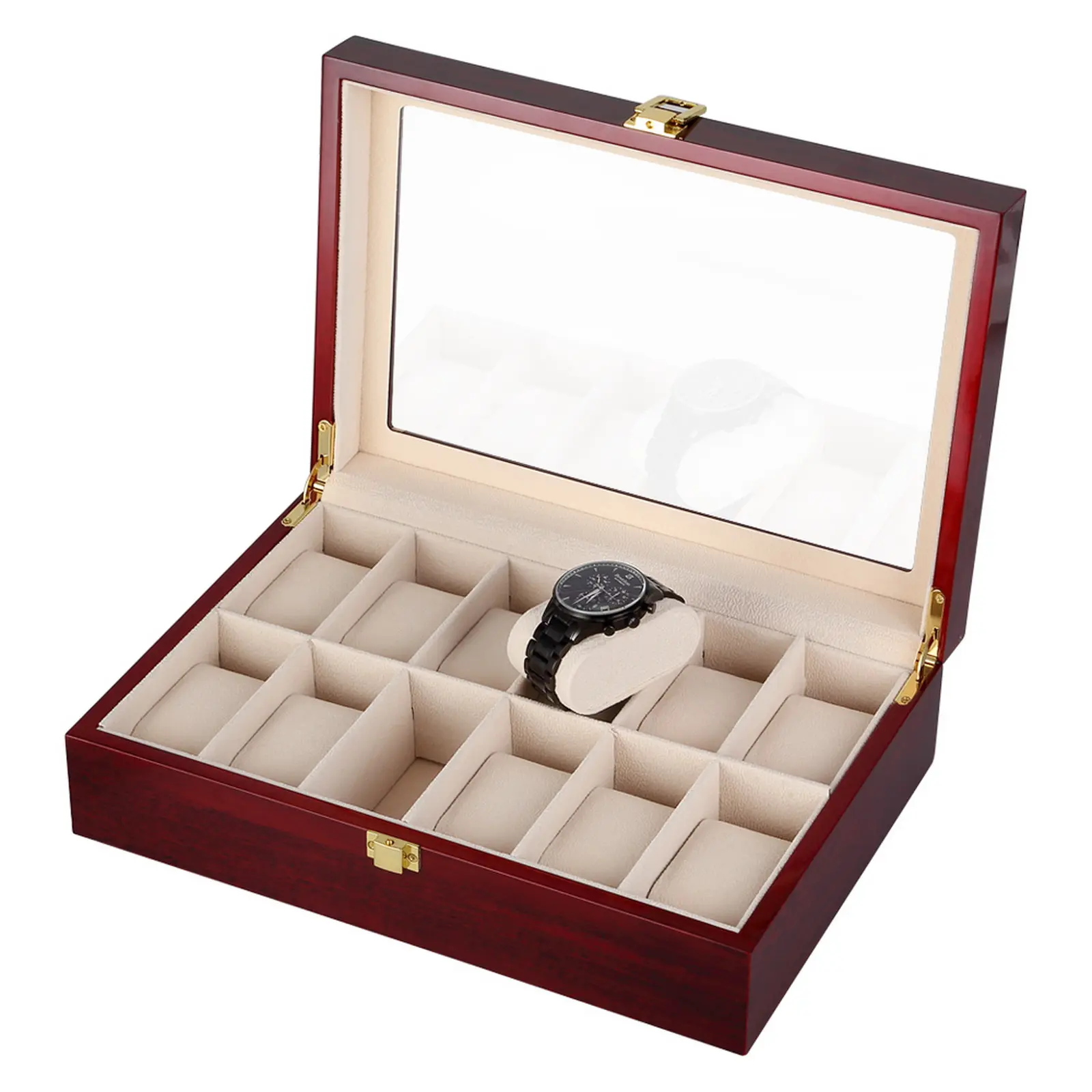 Unisex 12-Slot Wooden Wristwatch Storage Box with Glass Lid, Red Piano Finish, White Velvet Lining & Cushions, Luxury Gift-Ready Watch Display Case