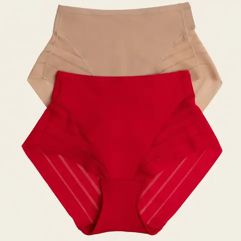 Leonisa 2-Pack Stripe Undetectable Lace Classic Shaper Panties Bundle in Golden Beige/Red - Womenswear Compression Underwear for Women
