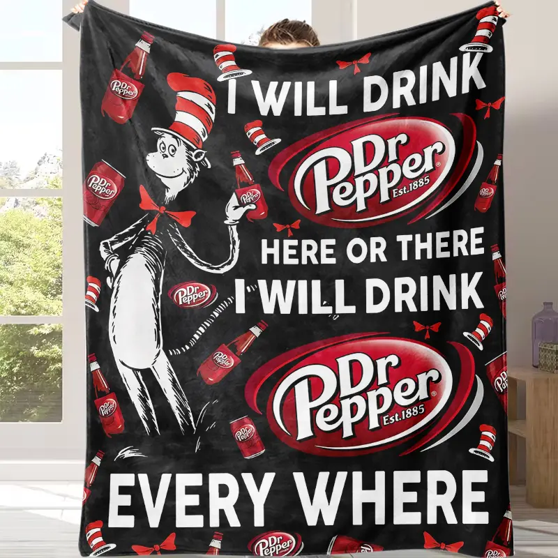 Cat In The Hat x Dr Pepper Throw Blanket Funny Retro Cartoon Design, Fuzzy Warm Flannel Blanket For Home Outdoor, Ideal Unique Home Decor & Surprise Gift For Adults Soda Fans
