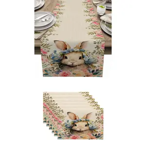 7pcs,Easter Bunny Flower Table Runner Set, 7-Piece Spring Kitchen Decor, Indoor Outdoor Home Party Decoration, Table Mats and Pillow Covers