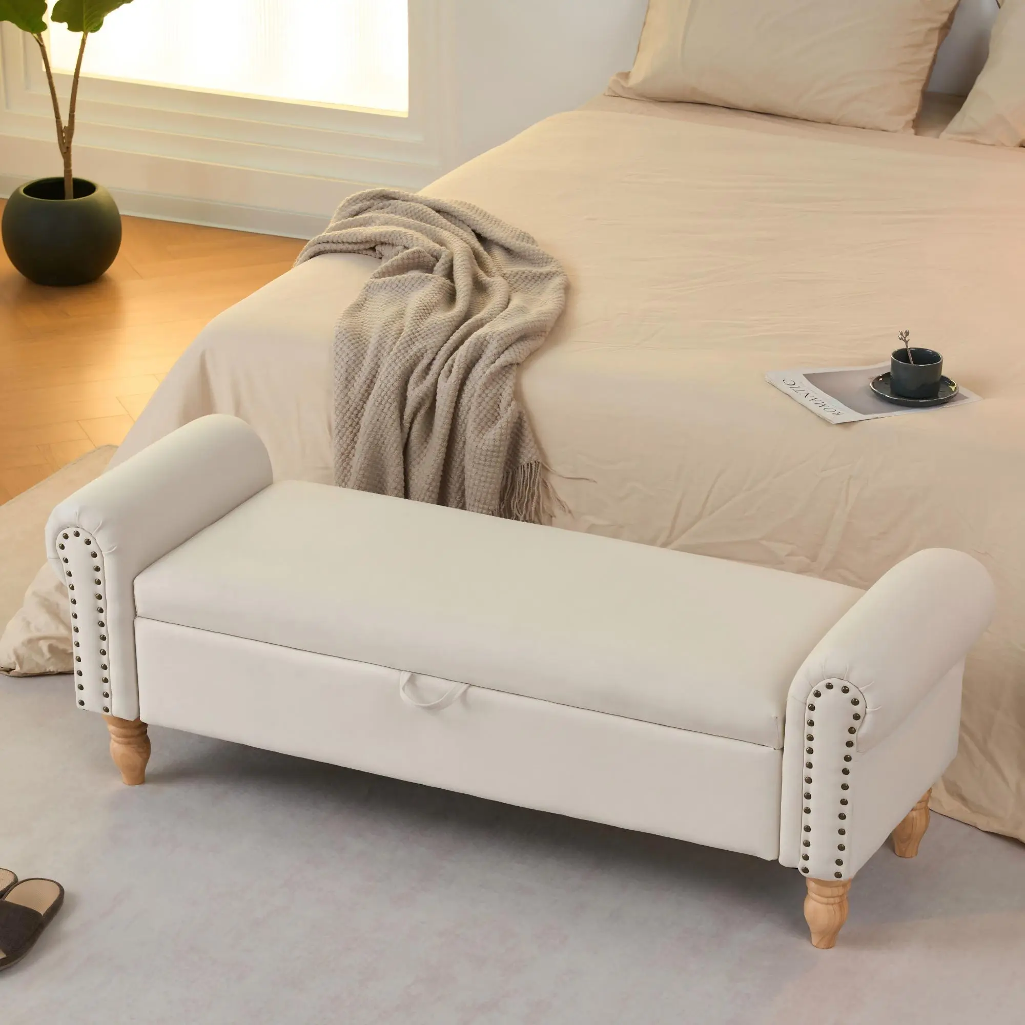 Storage Ottoman Bench with Rolled Arms, Upholstered End of Bed Bench with Solid Wood Legs, Fabric Seating with Hidden Storage for Living Room Entryway, Beige