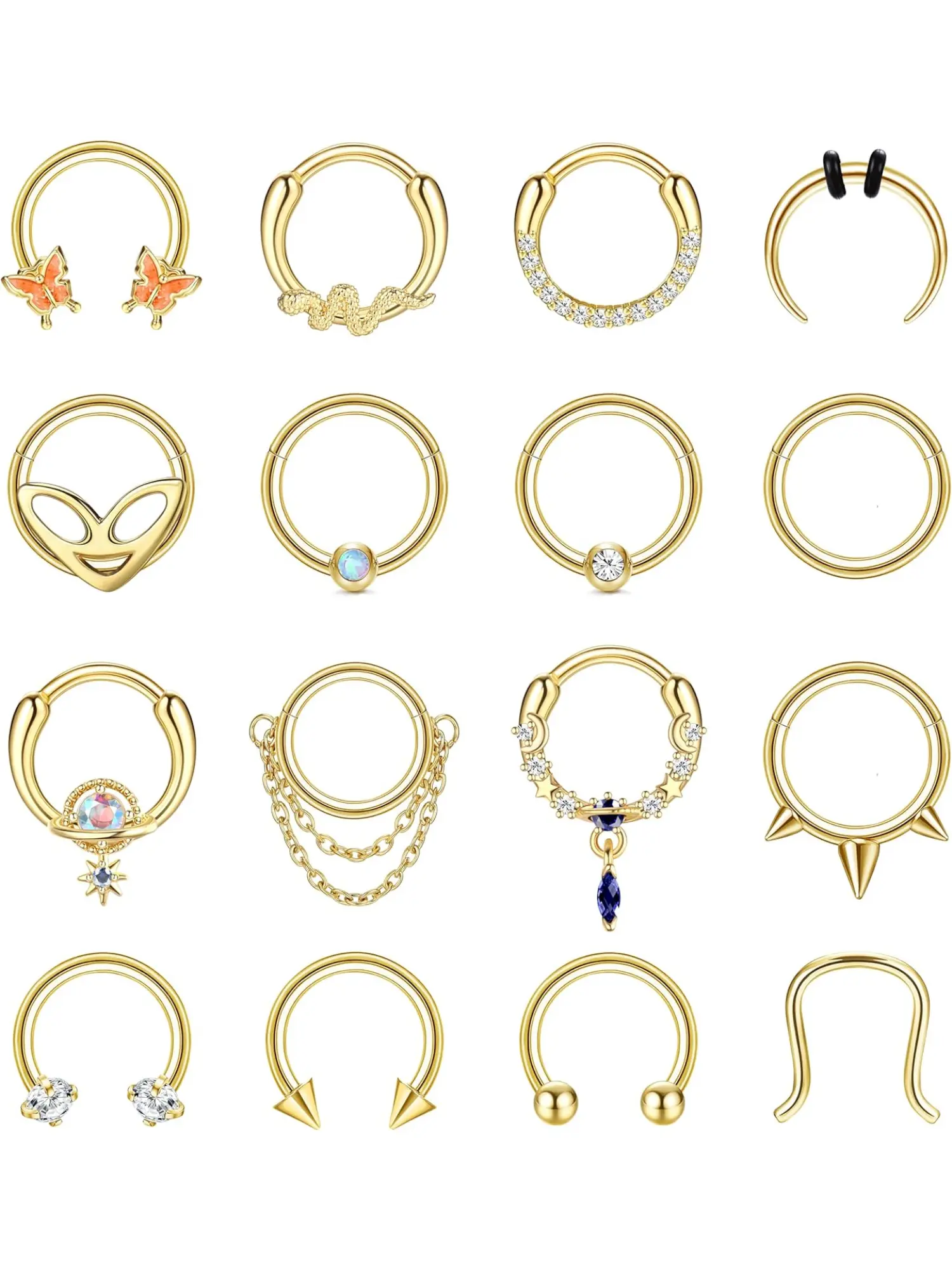 16Pcs 16G Septum Rings Hoop for Women Men Surgical Steel Dangle Septum Jewelry Septum Clicker Nose Rings Hoop, Daith, Helix, Tragus, Cartilage Piercings, Body Piercing Jewelry, Nose Rings Set
