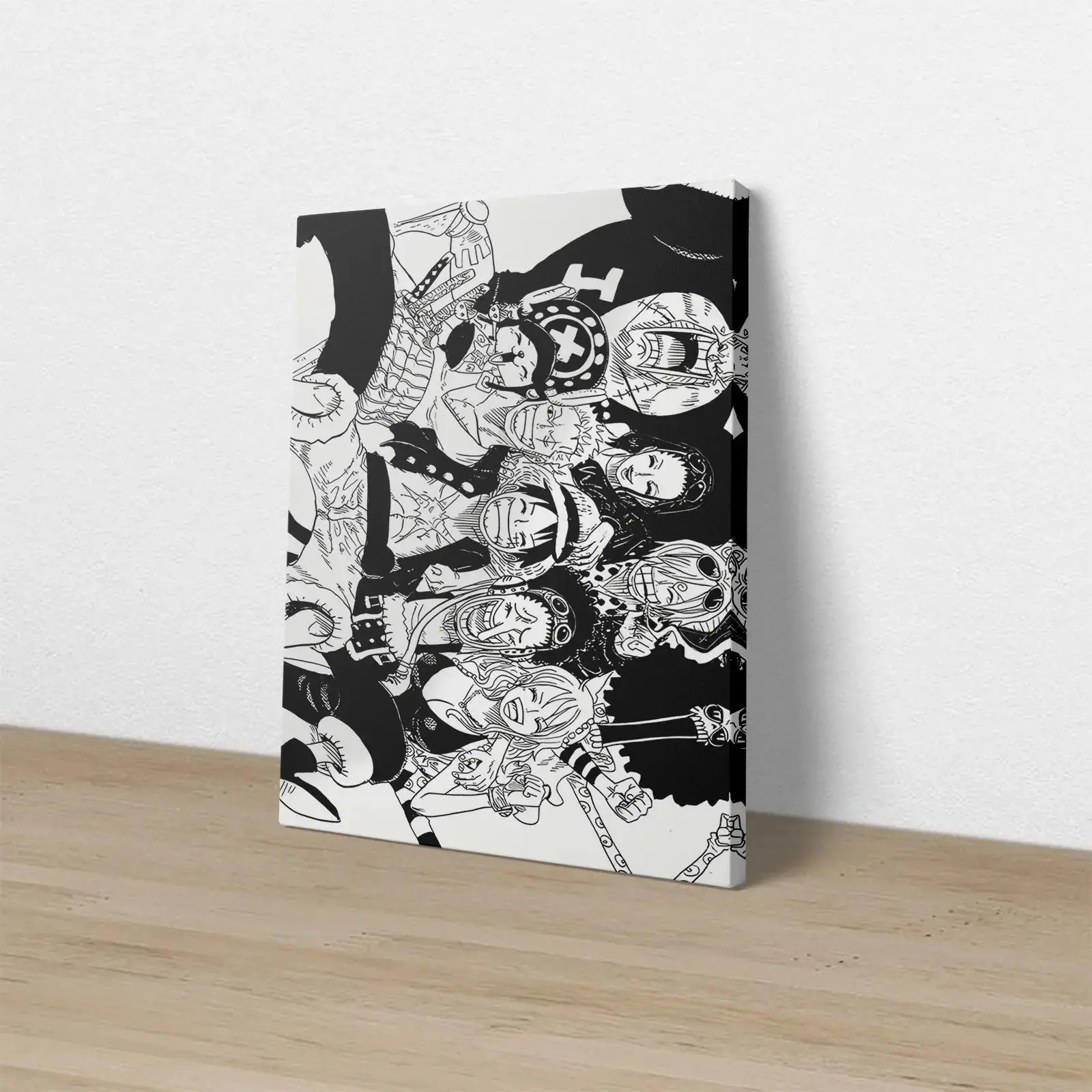 Black and White Anime Group Framed Canvas Wrap, Manga Style Wall Art, Comic Character Canvas Print, Framed Canvas Wall Decor for Bedroom Dorm Room Artistic