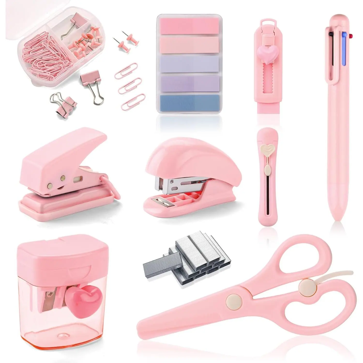 Pink Mini Office Supply Kit Mini School Supplies Desk Accessory Set Includes Mini Stapler Pencil Sharpener Staple Remover Hole Punch Ballpoint Pen Scissor Box Cutter Paper Clips Sticky Index Tabs