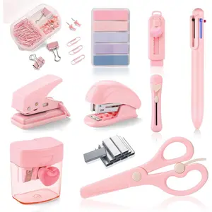 Pink Mini Office Supply Kit Mini School Supplies Desk Accessory Set Includes Mini Stapler Pencil Sharpener Staple Remover Hole Punch Ballpoint Pen Scissor Box Cutter Paper Clips Sticky Index Tabs