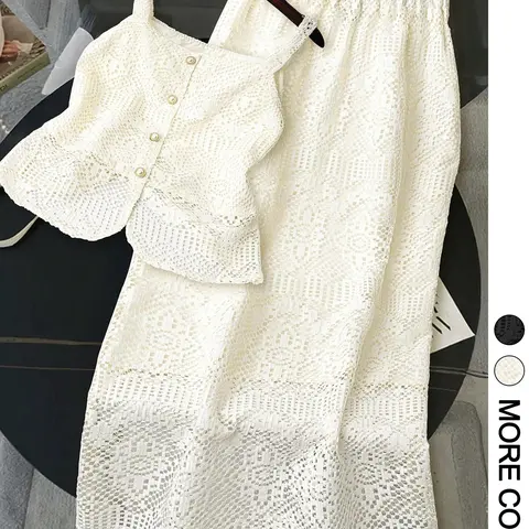 2-Piece Summer Slim Outfits for Women, Elegant Lace Cami Top and High Waist Skirt Set, Openwork Knit Set, Casual Vacation Party Wear, Womenswear