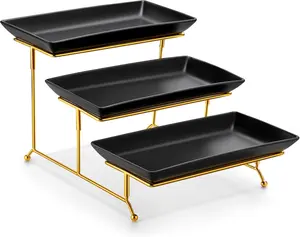 3 Tier Serving Trays for Party, 12 Inch Porcelain Black Trays for Serving , Dessert Stand with Collapsible  Metal Rack
