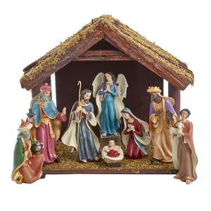 8 Piece Nativity Set With Wooden Stable