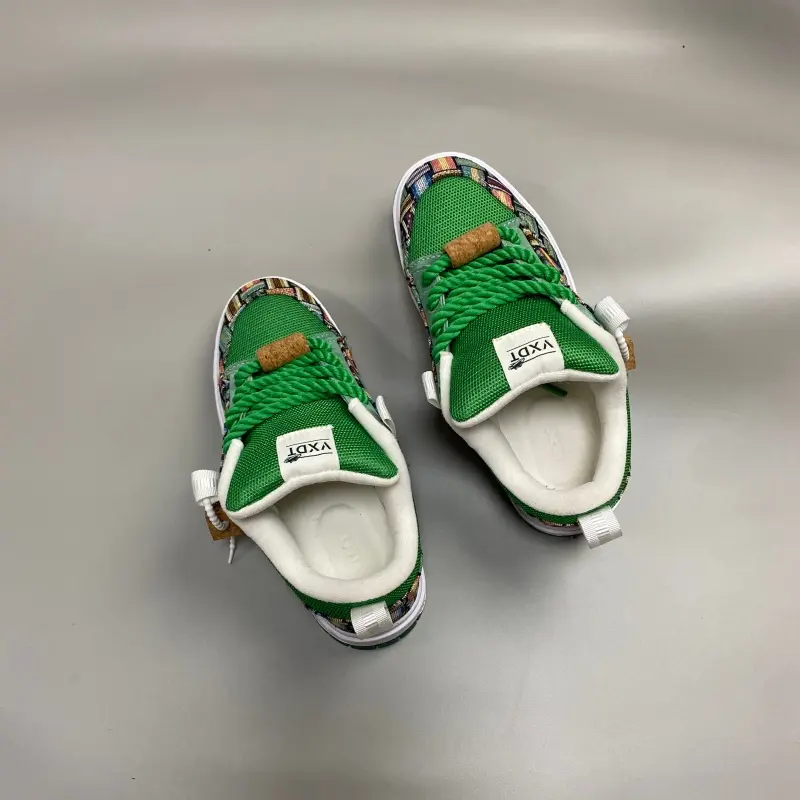 Retro green color blocked thick rope shoelace board shoes, ethnic pattern mesh breathable bread shoes, American street versatile trendy casual shoes