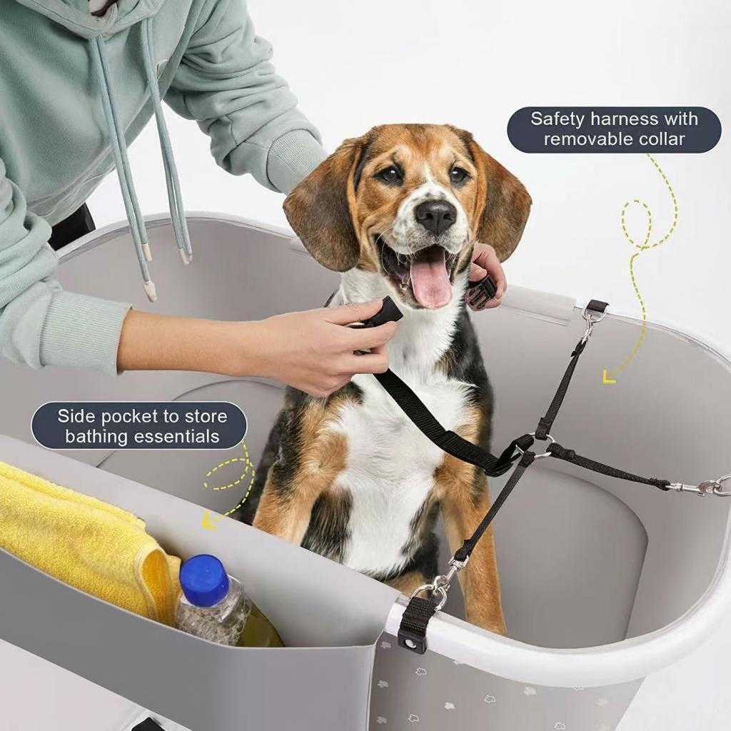 At Home Dog Bath Tub - Adjustable Height Pet Washing Station for Indoors & Outdoors - Foldable, Lightweight Elevated Grooming Tub with Built-in Drain Tube, Leash, & Storage Pockets