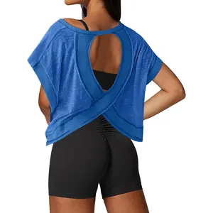 Open Back Workout Tops for Women Loose Fit Athletic Crop Tee Short Sleeve Gym Running Yoga ShirtGift