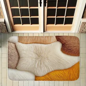 Faux Fur Texture Doormat Modern Cowhide Patchwork Welcome Mat Non Slip Absorbent Entrance Floor Rug Fluffy Animal Hair Print Area Carpet for Front Door Indoor Outdoor Home Decor Calico Cat Foot Pad