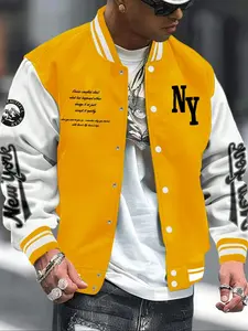 Men's Fall Winter Baseball Varsity Jacket, Black White Color Block NY Letter Mountain Text Graphic Button Down Coat, Loose Casual Outerwear for Daily Workout Street Vacation Dating