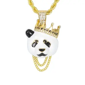 Iced Medium Panda Pendant Necklace with 4mm Rope Chain, 24" Chain Accents Necklace, Chain Accents Necklaces
