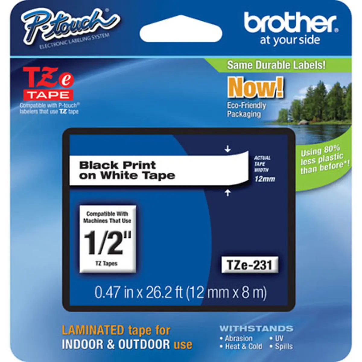 Brother TZe231 12mm (0.47") Black on White Tape for P-Touch, 26.2' Tape Length