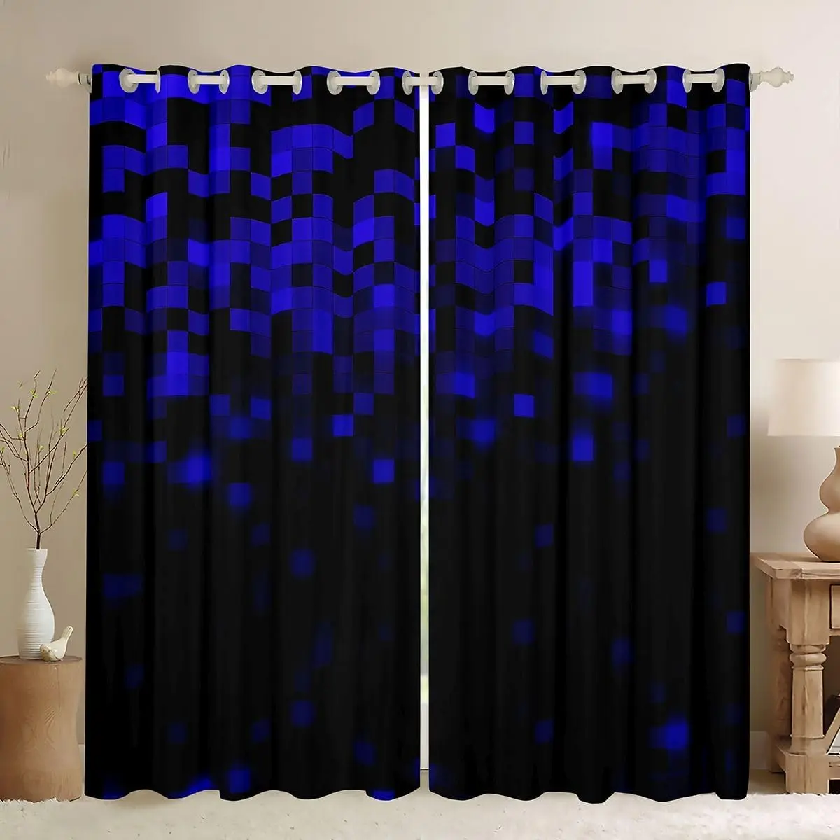 Neon Blue Black Pixel Curtains for Bedroom Living Room Pixel Art Blackout Shades Geometric Room Darkening Curtain Video Games Window Treatments,2 Panels Decor