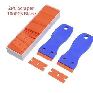 Plastic Razor Blade Scraper Tool Kit - 2PCS Blue Scrapers, 100PCS Replacement Plastic Blades, Multipurpose Remover for Adhesive, Glass, Tile Cleaning