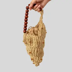 2026 New Creative Rhinestone Studded Seashell Straw Woven Handbag, Wooden Bead Decor Summer Beach Bag, Women's Casual Shoulder Bag
