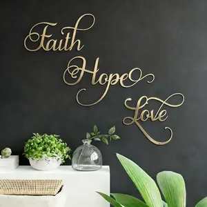 Faith Hope Love Iron Wall Sign, Metal Christian Wall Art, Scripture Quote Wall Sculpture, Modern Religious Home Decor, Gold Letter Wall Accent