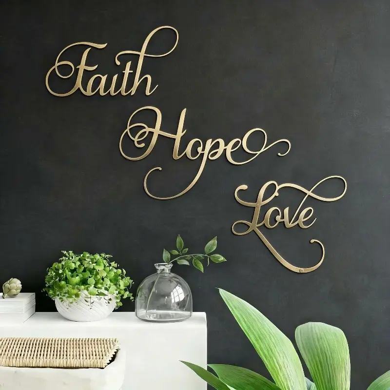 Faith Hope Love Iron Wall Sign, Metal Christian Wall Art, Scripture Quote Wall Sculpture, Modern Religious Home Decor, Gold Letter Wall Accent, Spiritual Decor, Religious Decorations