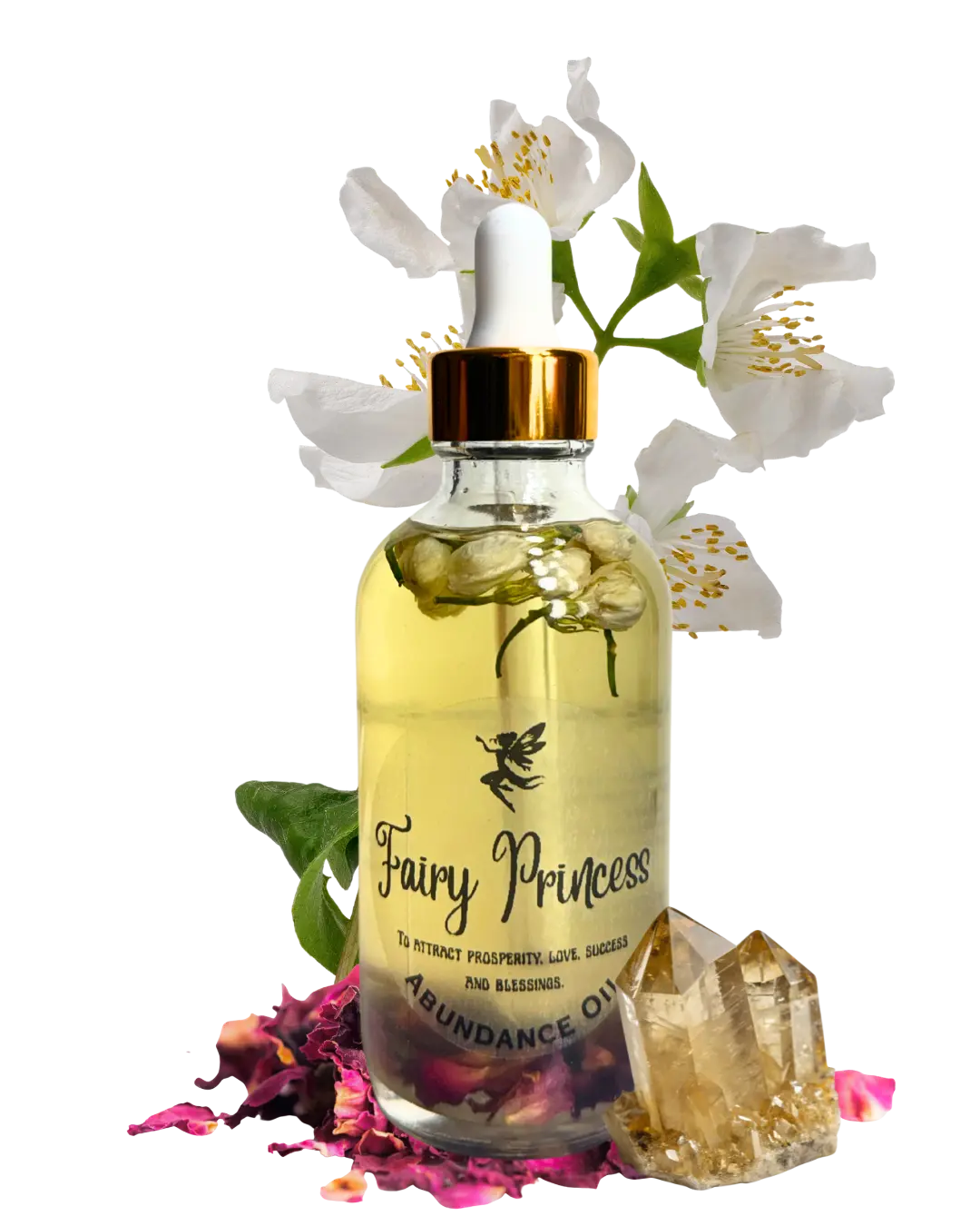 Fairy Princess Abundance Body Oil - Citrine Crystal Dust, Jasmine & Rose Flower Infused, Silky Golden Fragrance Body Care Oil for Soft Glowing Skin & Abundance Energy