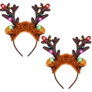 Christmas 2Pcs Light Up Headband, Cute Reindeer Headband with LED Bulbs for Adult Kids Party Favor Supplies Xmas Accessories Christmas Holiday