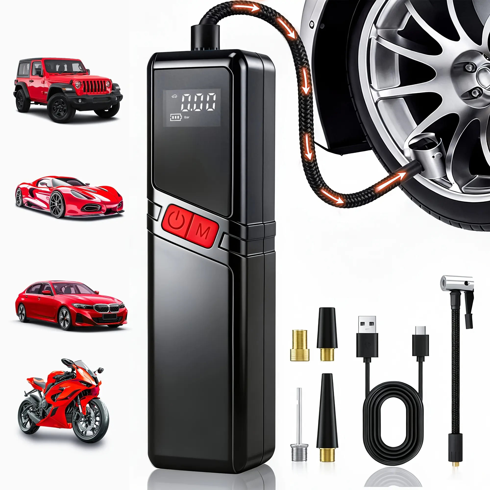 Portable air compressor, 150 PSI tire inflator, equipped with a digital LCD display, supports USB fast charging, features LED lighting, can be charged via SB interface, suitable for SUVs, cars, bicycles, motorcycles, and sports equipment balls
