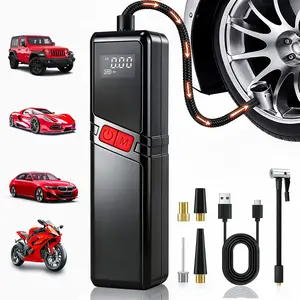 Portable air compressor, 150 PSI tire inflator, equipped with a digital LCD display, supports USB fast charging, features LED lighting, can be charged via SB interface, suitable for SUVs, cars, bicycles, motorcycles, and sports equipment balls