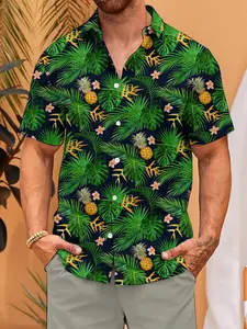 Men's Spring Summer Hawaiian Shirt, Dark Pineapple Print, Casual Cartoon Graphic Tee, Soft Skin-Friendly Material, Perfect for Vacation，Limited-time offer, fast shipping.