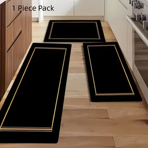 Gold Border Black Velvet Kitchen Rug: Rectangular, HD Printed, Double-Lock Edge, Machine Washable & Non-Slip - Ideal for Multiple Rooms, Great Gift