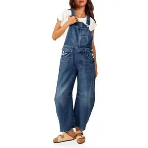 Womens Denim Bib Overalls Barrel Leg Adjustable Strap Jean Pants Jumpsuits with Pockets(Sheets)