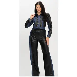 Plus Size Leather Denim Jacket and Pants Set