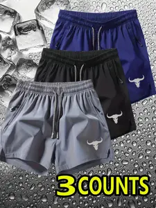 Set of 3 men’s quick-dry athletic shorts with bull head print, breathable polyester fabric, zippered pockets, drawstring waist, regular fit, suitable for running, fitness, and casual wear.