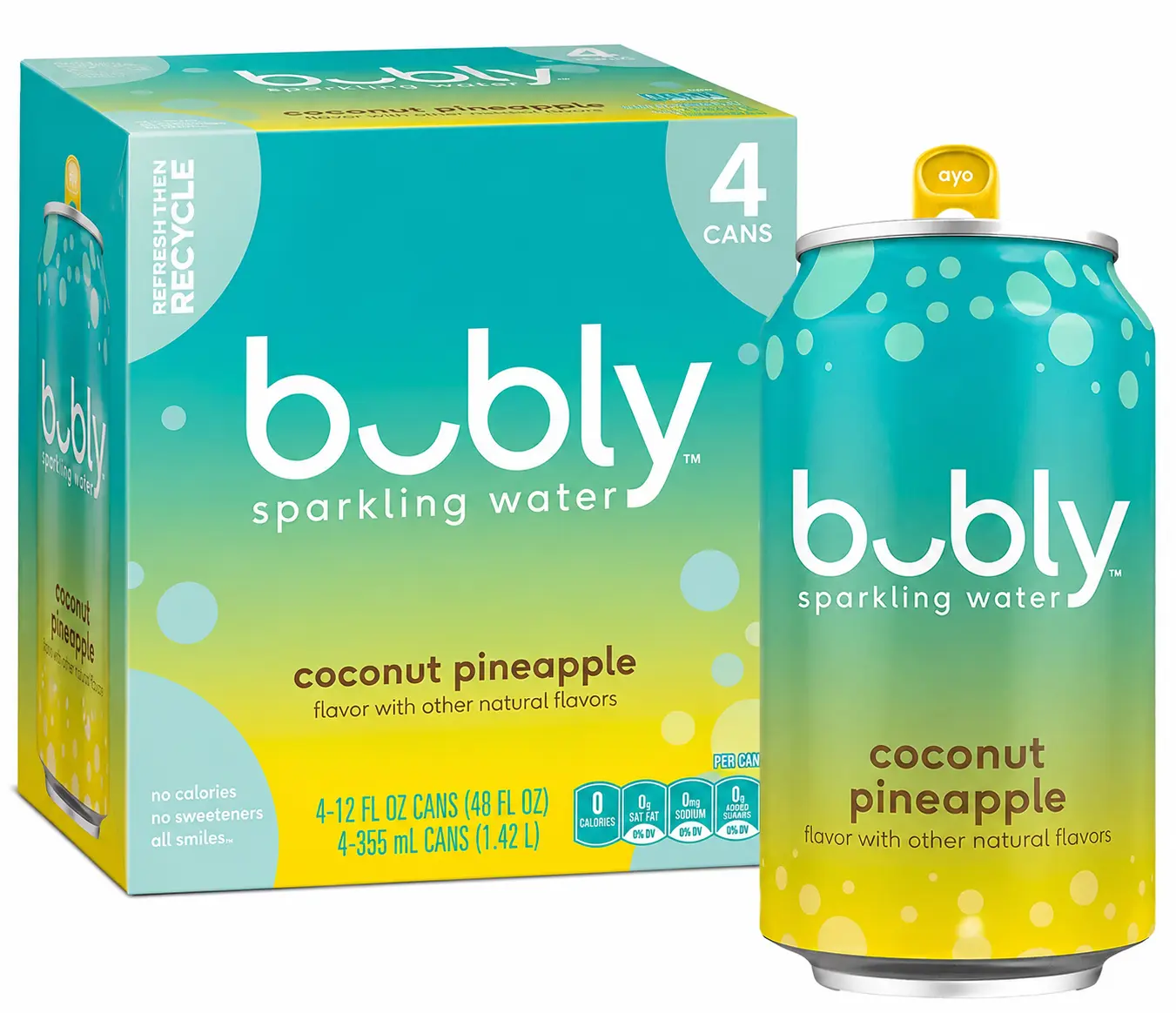 Summer Coconut Pineapple Sparkling Water Beverage, 12 fl oz Cans, 4-Pack | Refreshing Tropical Flavored Carbonated Drink, Zero Sugar