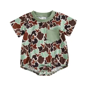 Newborn Baby Boy Girl Camouflage Bubble Romper Bodysuit Short Sleeve Round Neck Casual Shirt Jumpsuit with Pocket Summer Outfit