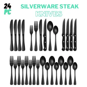 24-Piece Black Silverware Set with Steak Knives, Black Flatware Set for 4, Food-Grade Stainless Steel Tableware Cutlery Set, Mirror Finished Utensil Sets for Home Restaurant, Round Edge