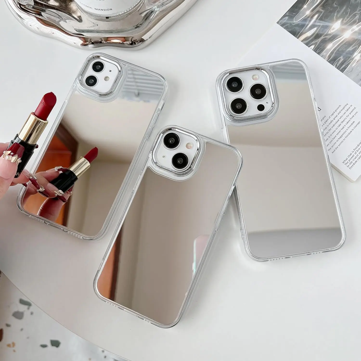 Women's Personalized Cute TPU & Acrylic Frame Handheld Mirror iPhone Case - Thin Slim Fit, Shockproof Edge, Shock-absorb Bumper, Durable Camera Protector Accessory for iPhone 11/12/13/14/15/16/17 Pro/Max/Plus
