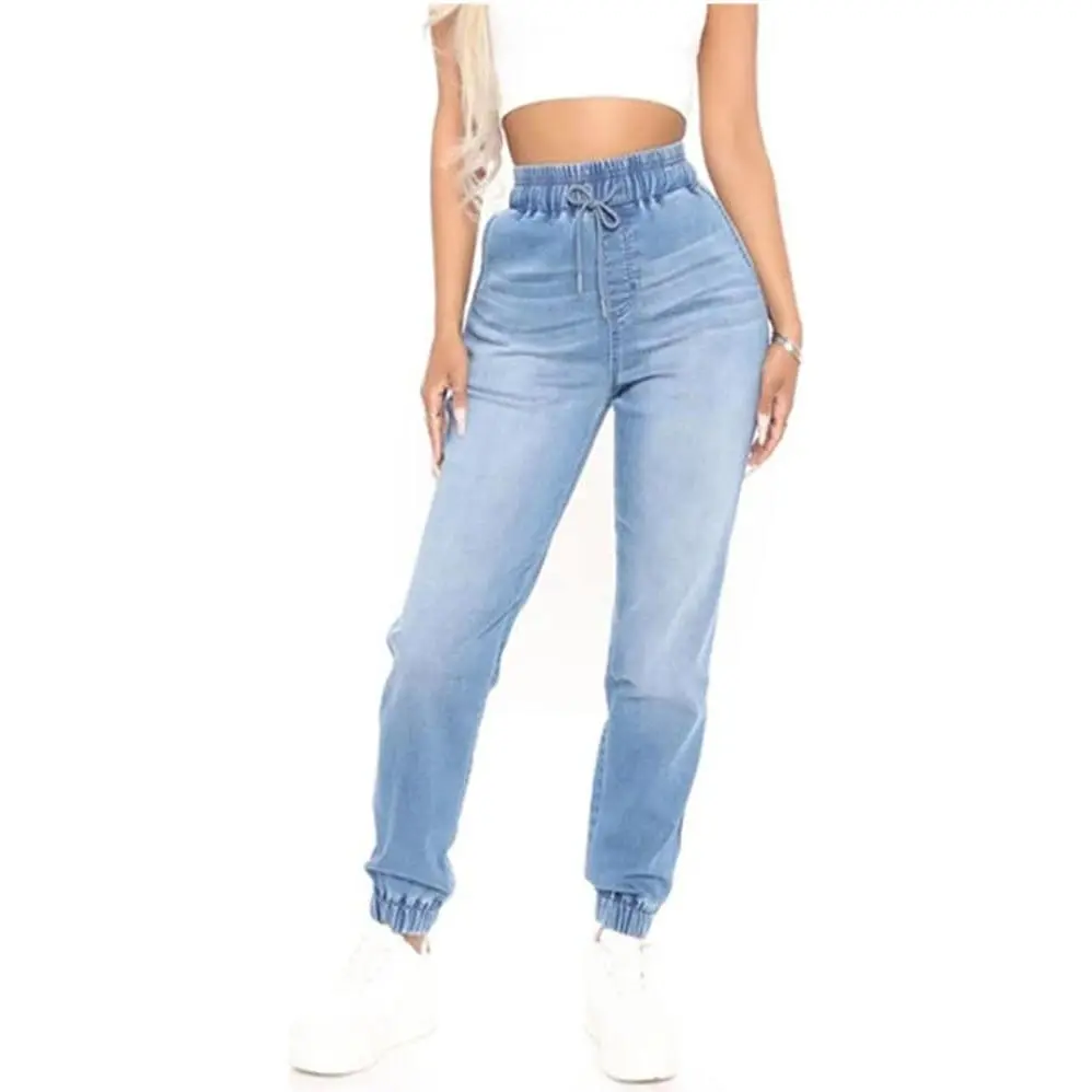 High Waisted High Waisted Elastic Waist Jean Joggers for Women Stretch Loose Denim Pants with Drawstring
