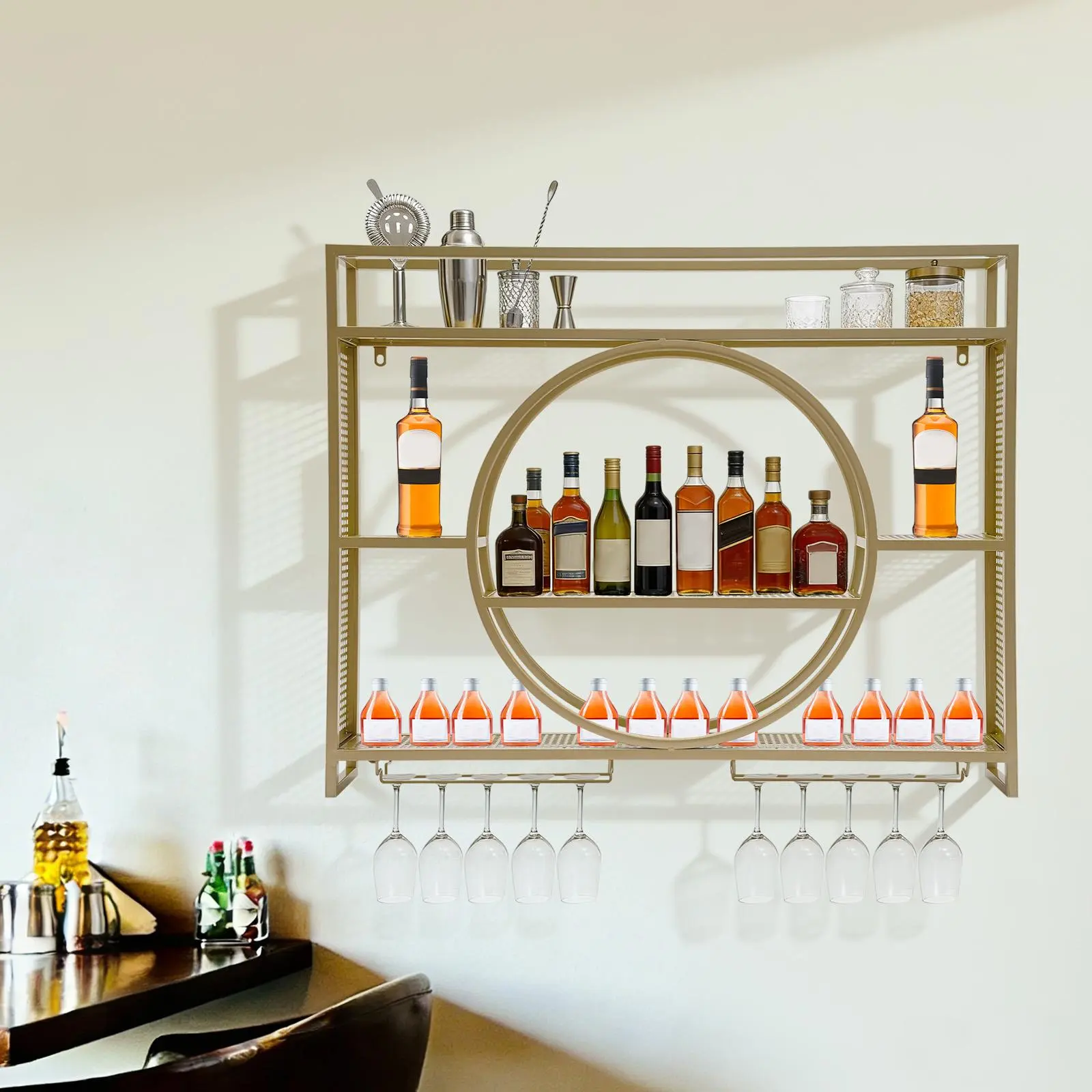 Industrial Wall-Mount Gold Stainless Steel Wine Rack (39.37×5.91×31.5in), 17.20lbs Kitchenware with 110lb Capacity, Holds 30 Bottles & 6 Glasses, No-Assembly Anti-Bacterial Wall Shelves for Bar, Coffee Shop, Desk Decor