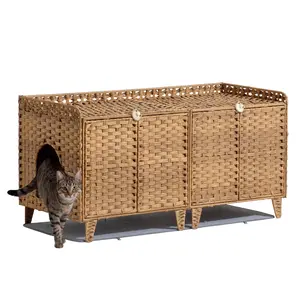 Double Litter Box Enclosure for 2 Cats, Rattan Hidden Cat Furniture with Litter Mat, 2 Hooks & Doors – Large Cat House for 2 Litter Boxes – Easy Clean – 47.2″L × 19.7″W × 23.6″H