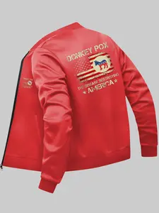 Men's Letter & Flag & Donkey Print Zip Up Pocket Bomber Jacket, Regular Fit Casual Long Sleeve Mock Neck Outerwear for Fall & Winter, Men's Clothes for Daily Wear