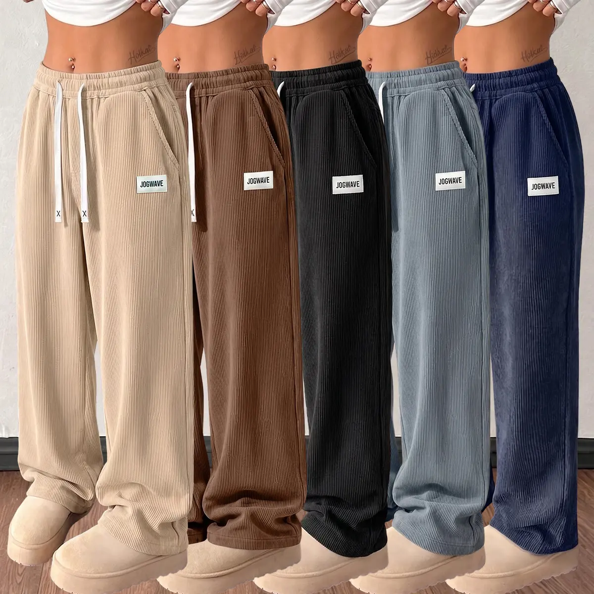 JOGWAVE Lady's 5PCS Corduroy Bottoms - Basic Women's Polyester Straight Casual Long Pants, Lightweight for Spring & Autumn, Drawstring Waist, Suitable for Everyday Wear & Dates, Bottom, Casual Wear