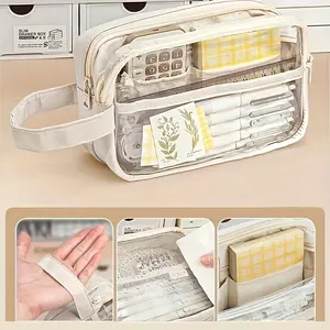 Large Capacity Hello! Pencil Case - Durable Polyester, Multi-Compartment Organizer with Stationery & Makeup Sections, Portable Design