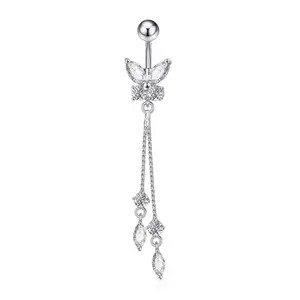 Butterfly Effect Belly Button Ring 14G for Navel Piercings Silver Dangling Body Jewelry Womens Summer Accessories Cute Animal Jewelry
