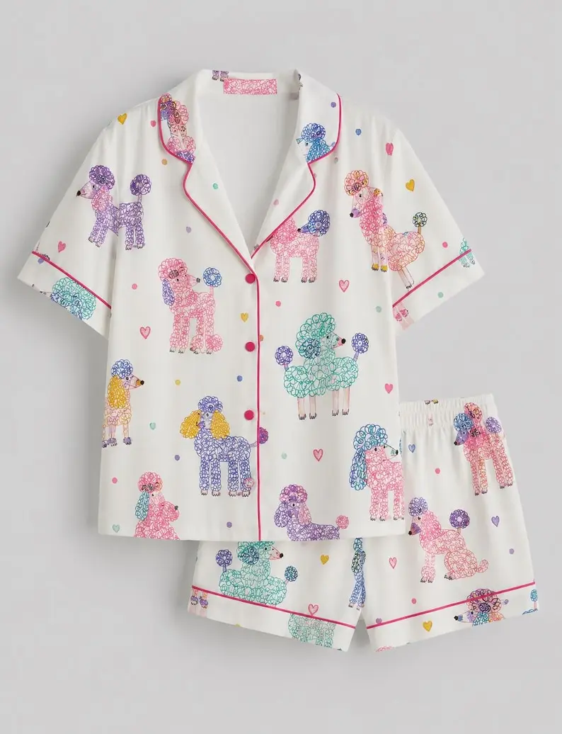 Women’s Colorful Poodle Print Satin Pajama Set, Short Sleeve Dog Lover Sleepwear, Cute Pet Pajamas