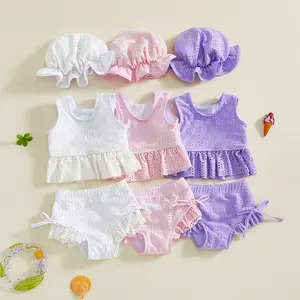 Toddler Baby Girl Swimsuit Set Sleeveless Solid Color Eyelet Embroidery Tops Bikini Bottoms and Hat Swimwear Summer 3M-3Y