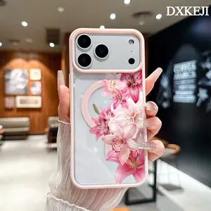 Pretty Pink Floral Lily Pattern Magnetic MagSafe Phone Case for iPhone 17 Air/16 Pro Max 15 Pro 14 13 12 11 Plus Lightweight Shockproof Slim Protective Cover Supports Wireless Charging Case Casing